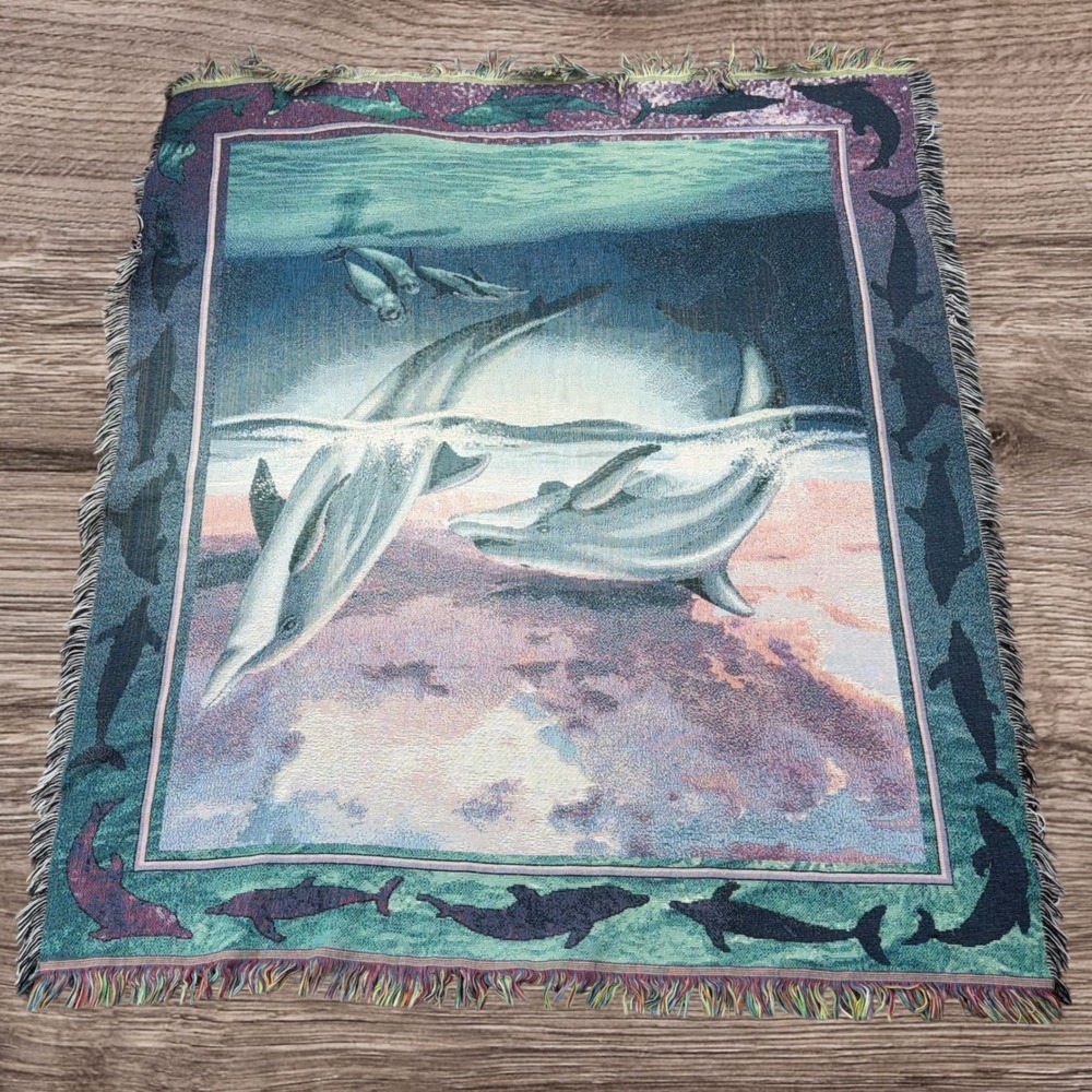 Vtg Dolphins Woven Tapestry Throw Blanket Coastal Nautical Marine Life Fringe